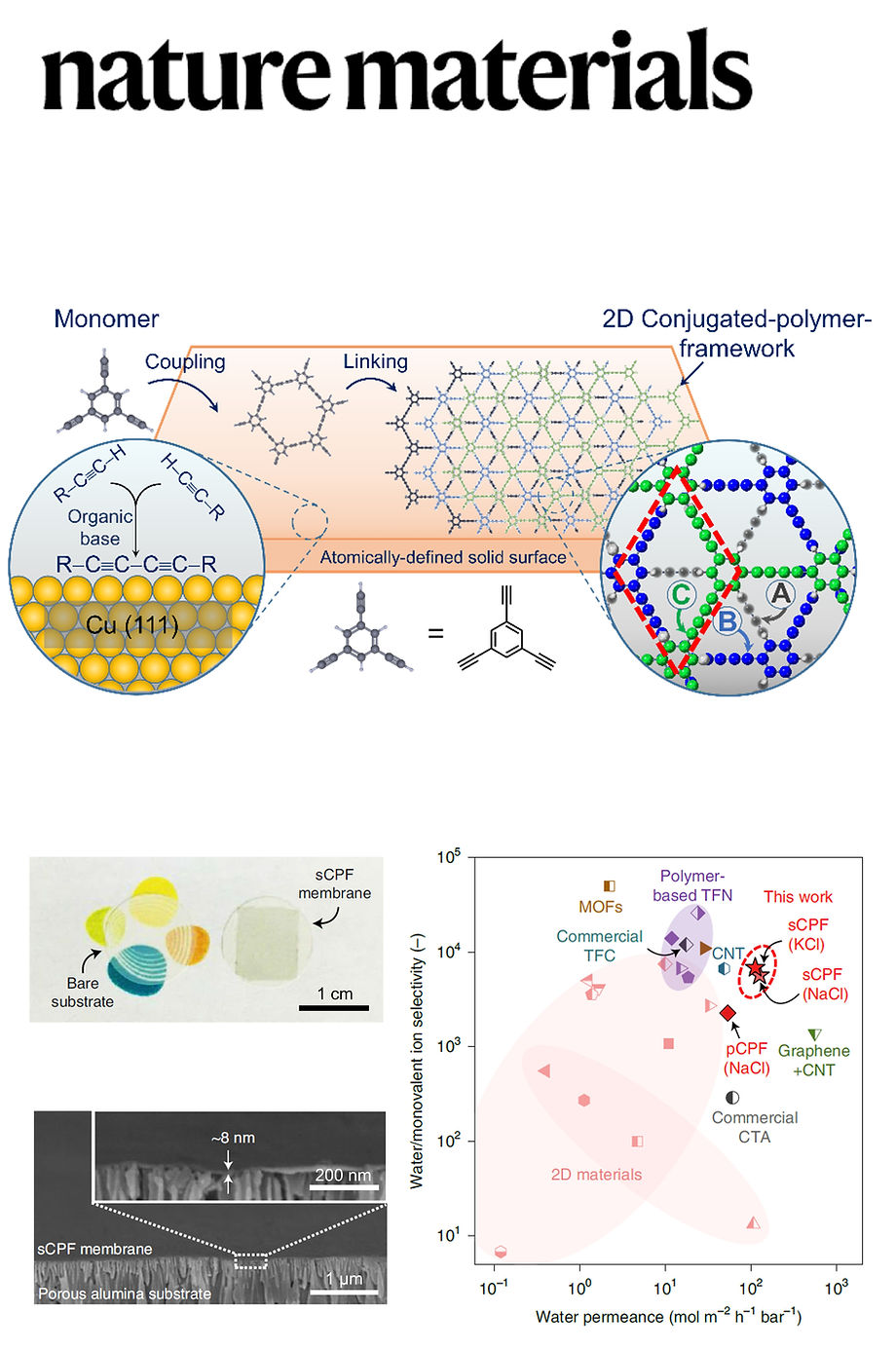 Nature Materials feature image for conjugated-polymer-framework membranes
